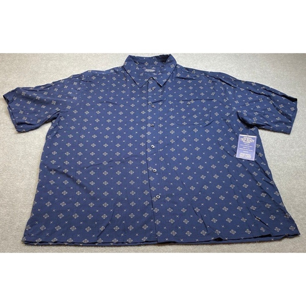 NWT Consensus Button Down Shirt Men XL Navy Blue Geometric Rayon Short Sleeve